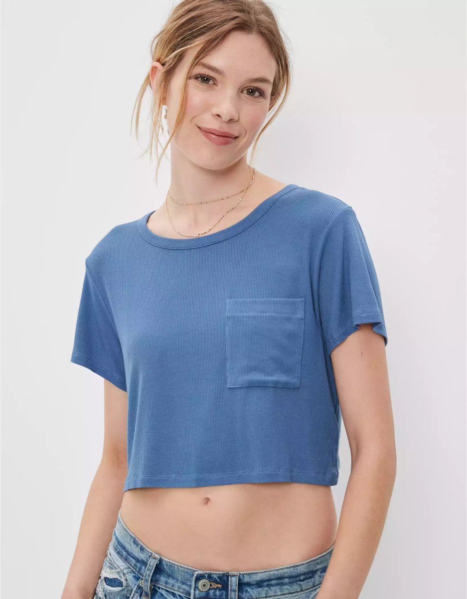 T Shirts American Eagle AE Cropped Soft & Sexy Pocket Tee Indigo Femme | PPS-75161115